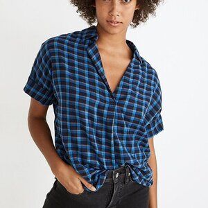 Madewell Double Faced Plaid Park Popover Short Sleeve Blouse Blue Size S